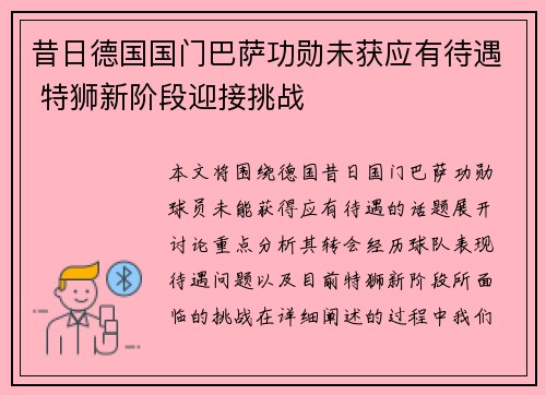 昔日德国国门巴萨功勋未获应有待遇 特狮新阶段迎接挑战