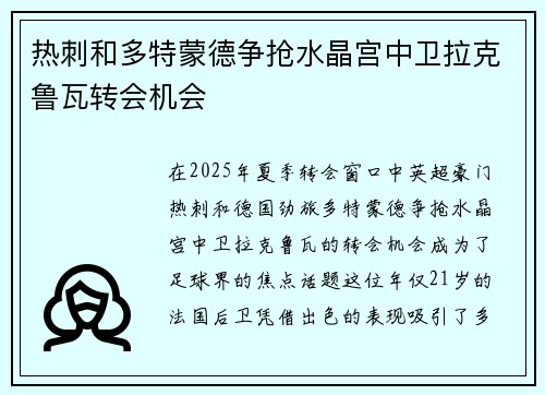 热刺和多特蒙德争抢水晶宫中卫拉克鲁瓦转会机会