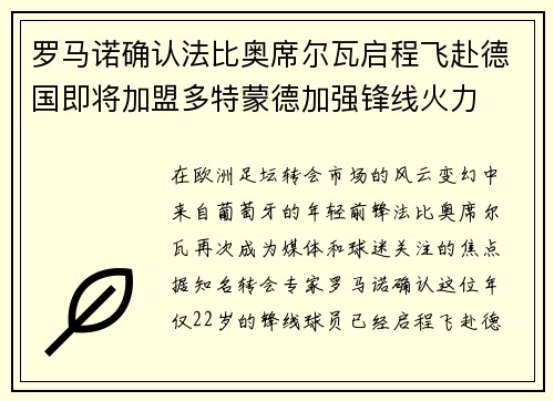 罗马诺确认法比奥席尔瓦启程飞赴德国即将加盟多特蒙德加强锋线火力