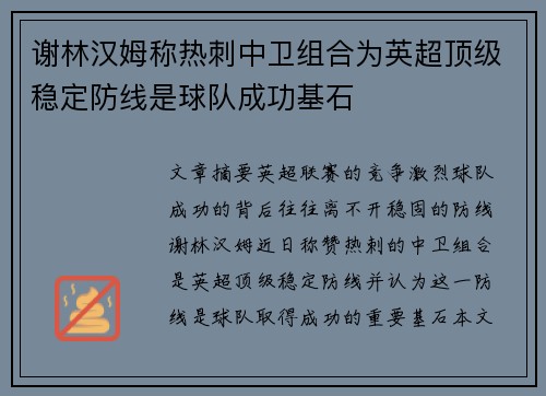 谢林汉姆称热刺中卫组合为英超顶级稳定防线是球队成功基石